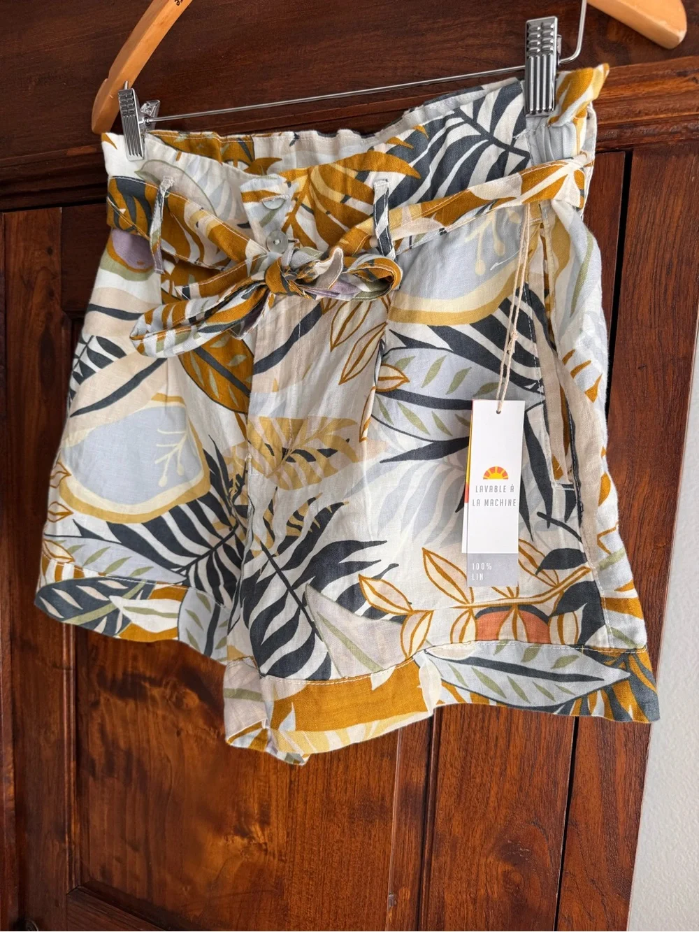 Printed Paperbag Waist Shorts - Mustard Leaf Print - Picture 2 of 9